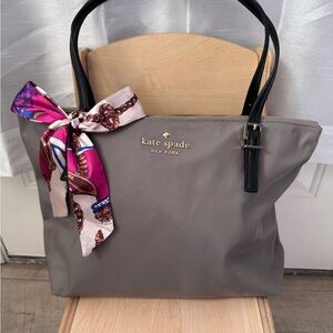 Reposh- kate spade gray tote with black handles and pink scarf accent